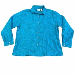 Chico’s Sheer Turquoise Printed Button Front Blouse Size 3 (XL/16) Lightweight